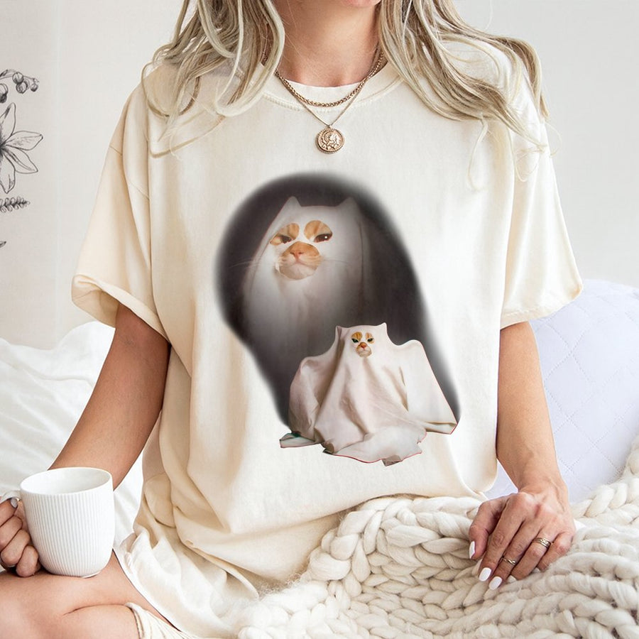 Ghost Cat T-Shirt | Funny Halloween Meme Graphic Tee | Premium 100% Cotton Apparel | Cute Kitten Gift for Cat Lovers