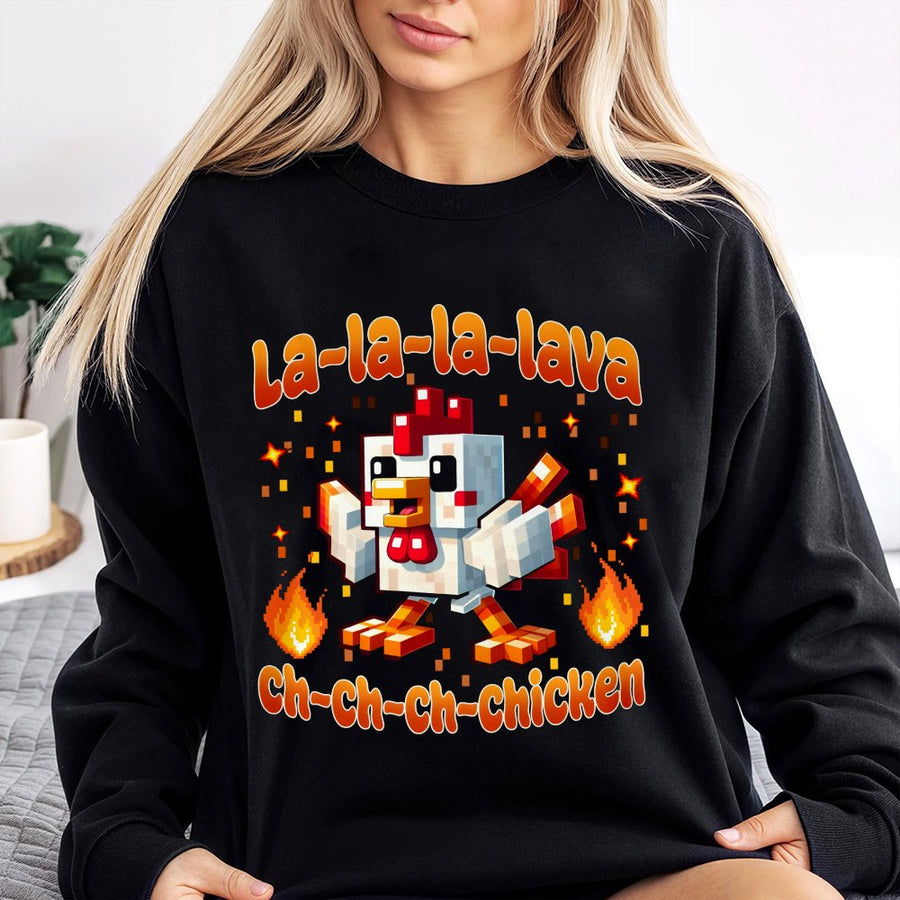 Lava Chicken Sweatshirt | Pixelated Block Gamer Graphic | Soft Cotton-Poly Blend | Fun Gaming Gift for Kids and Teens