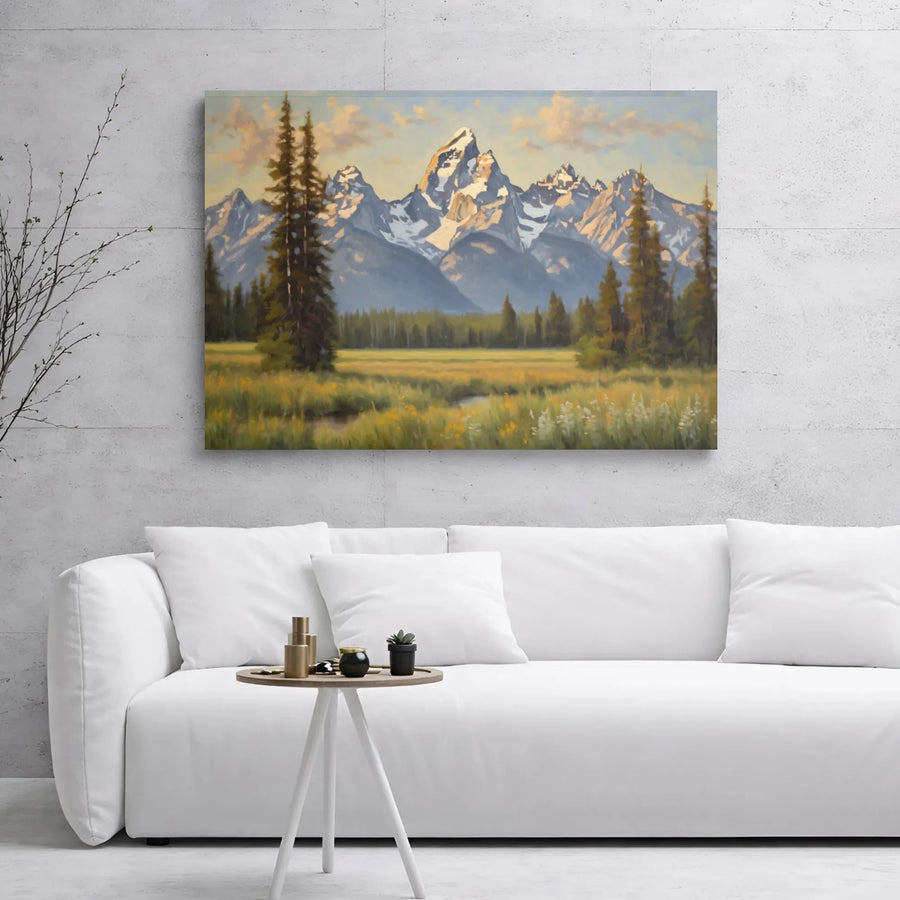 Grand Teton National Park Canvas Print | Mountain Landscape Oil Painting Style | Premium Gallery Wrap Wall Art | Scenic Nature Decor Gift for Hikers