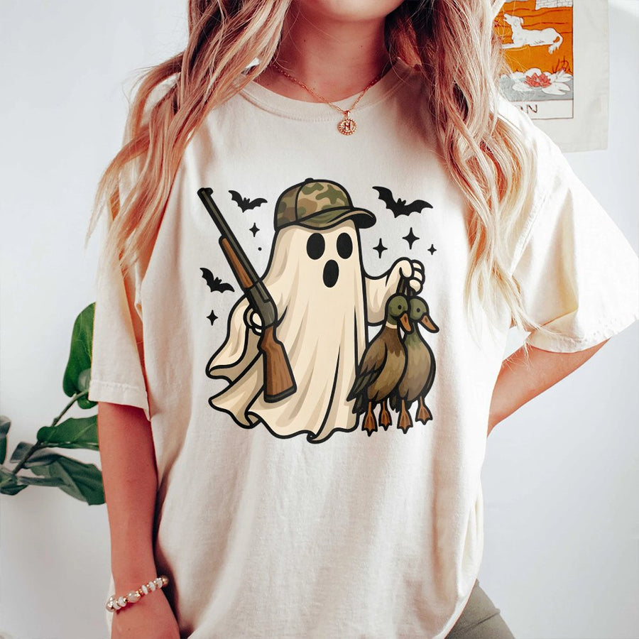 Ghost Duck Hunter T-Shirt | Funny Halloween Camo Hat Graphic | 100% Cotton Premium Tee | Unique Gift for Outdoorsmen and Hunters