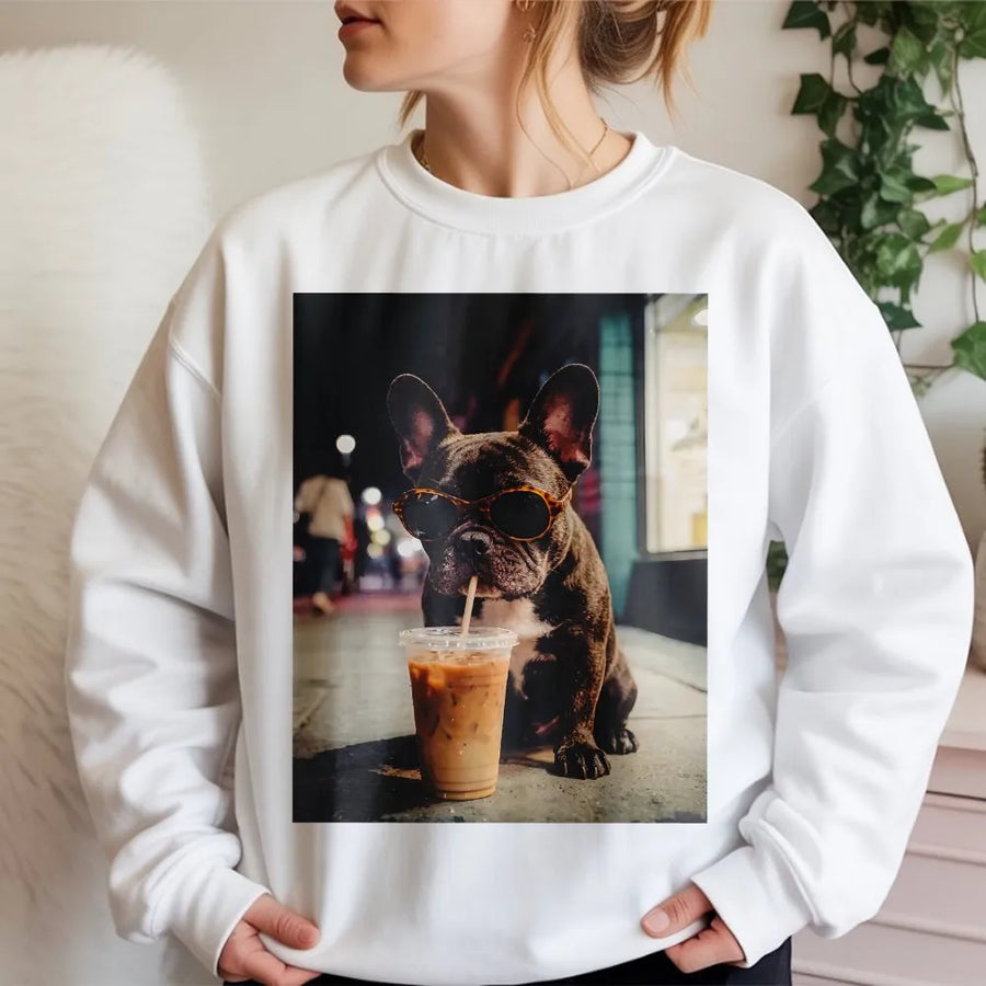 French Bulldog Sweatshirt | Cool Frenchie with Sunglasses & Iced Coffee | Premium Cotton Graphic Tee | Gift for Dog Lover & Frenchie Mom