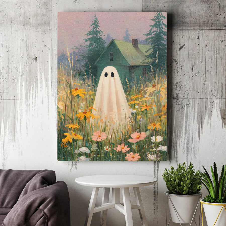 Ghost in Wildflower Field Canvas Art | Cottagecore Spooky Cabin Print | Gallery-Wrapped Premium Wall Decor | Aesthetic Gift for Fall Home Decor