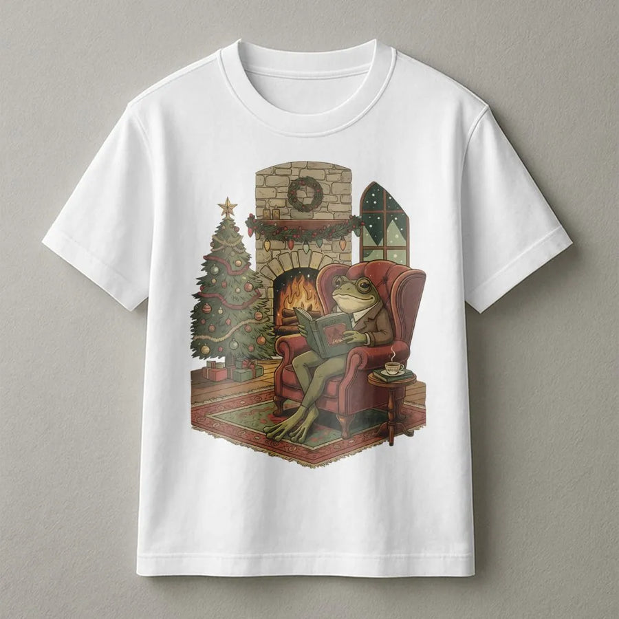 Cozy Christmas Frog T-Shirt | Book Reading Toad Design | Premium Cotton Graphic Tee | Funny Holiday Gift for Book Lovers and Readers