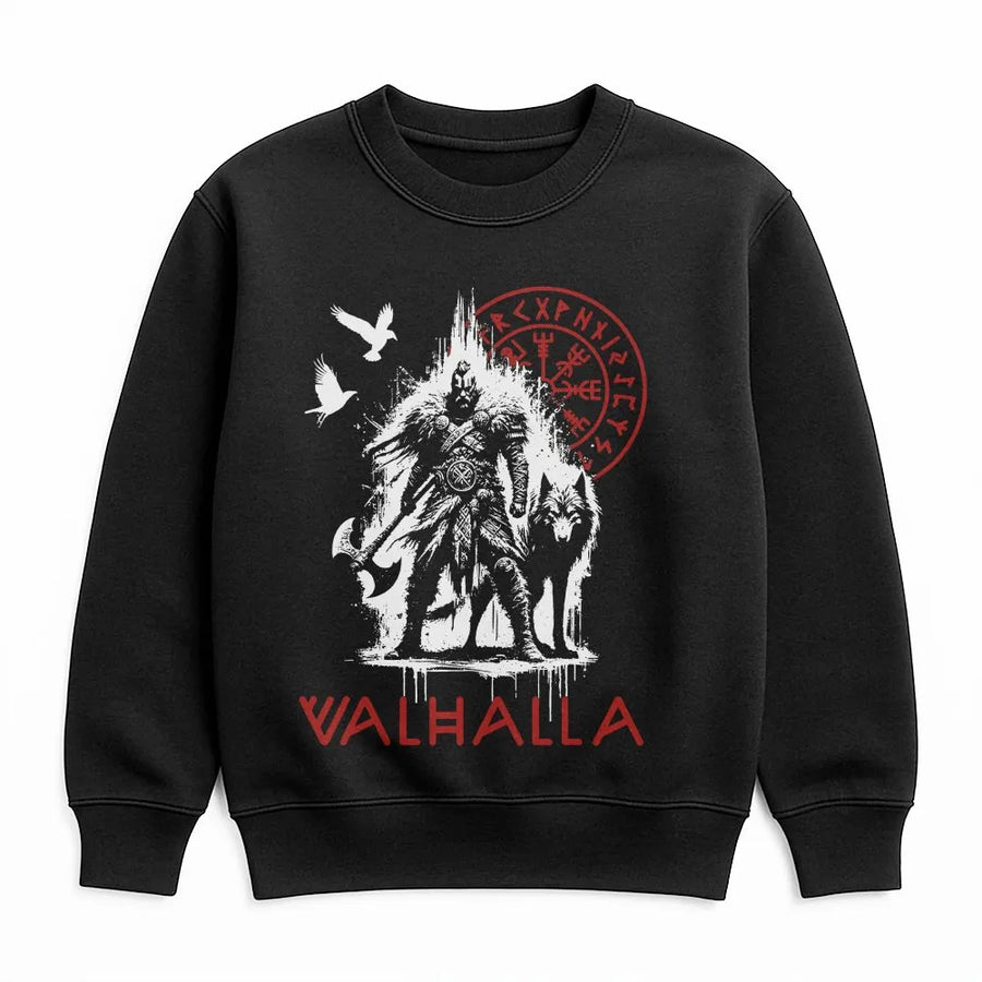 Viking Valhalla Sweatshirt | Norse Compass, Wolf & Raven Graphic | Premium Cotton Blend Pullover | Gift for Men, Nordic Mythology Apparel