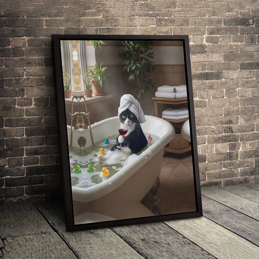 Tuxedo Cat In Bathtub Canvas Art | Funny Animal Bathroom Wall Decor | Premium Gallery Wrap Print | Whimsical Gift For Cat Lovers