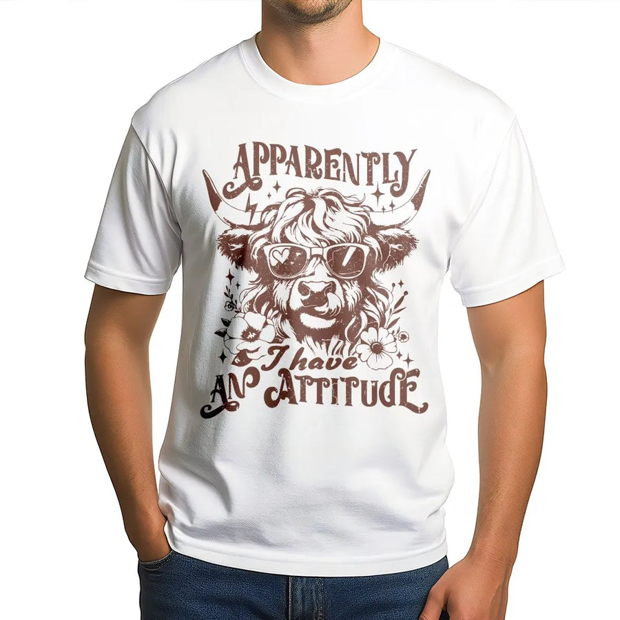 Highland Cow T-Shirt | Apparently I Have An Attitude Graphic Print | Premium Soft Cotton Tee | Funny Farm Animal Gift For Women & Cow Lovers