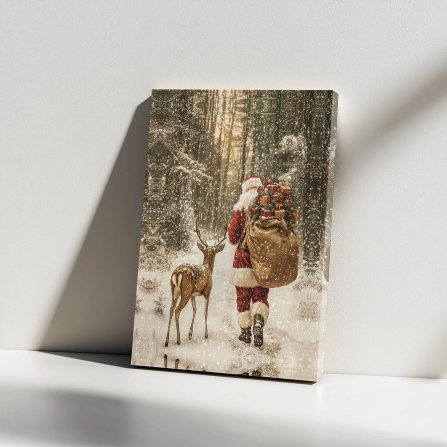 Santa Claus and Reindeer Canvas Wall Art | Snowy Forest Christmas Scene | Gallery Wrapped Premium Decor | Holiday Gift for Home Office