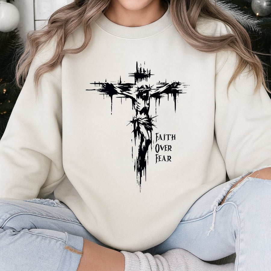 Faith Over Fear Sweatshirt | Religious Distressed Cross Graphic | Premium Cotton Blend | Christian Gift for Men and Women