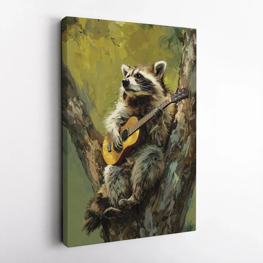 Raccoon Playing Guitar Canvas Wall Art | Whimsical Animal Musician Painting | Premium Gallery Wrapped Canvas | Funny Woodland Nursery Decor, Gift for Music Lover
