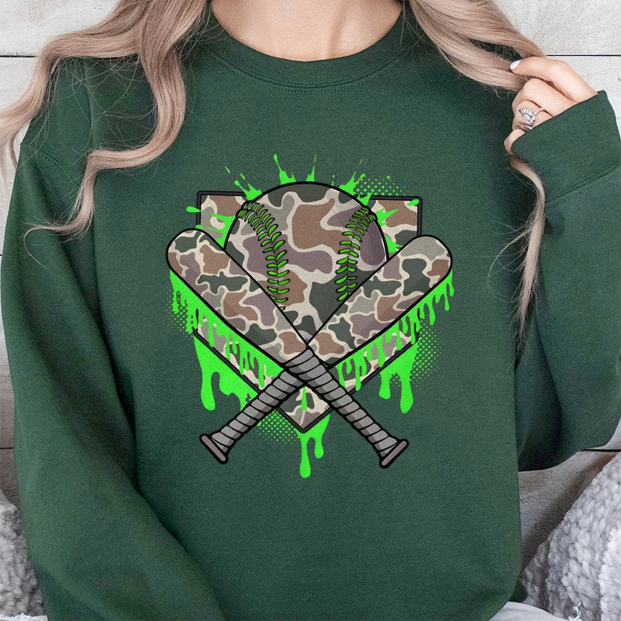 Camo Baseball Sweatshirt | Neon Green Drip Design | Cotton Blend Crewneck | Unisex Sports Apparel Gift for Baseball Players and Fans