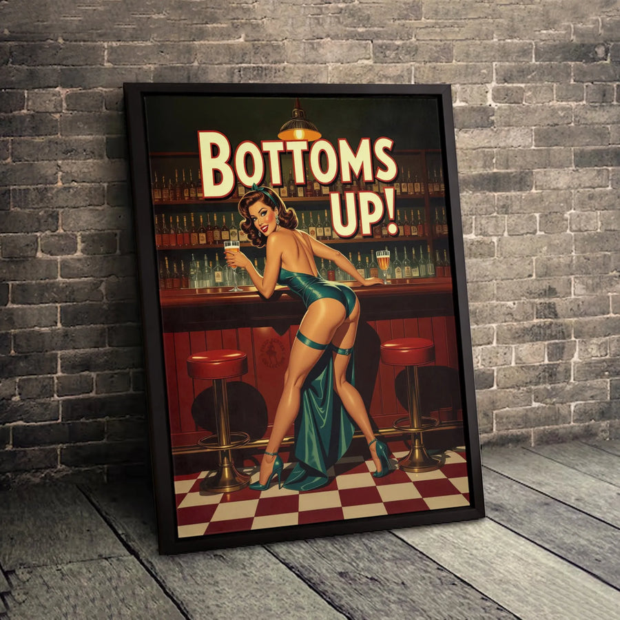 Bottoms Up Pin-Up Girl Wall Art | Vintage Retro Bar Decor Print | Premium Gallery Wrapped Canvas | Gift for Man Cave or Home Pub