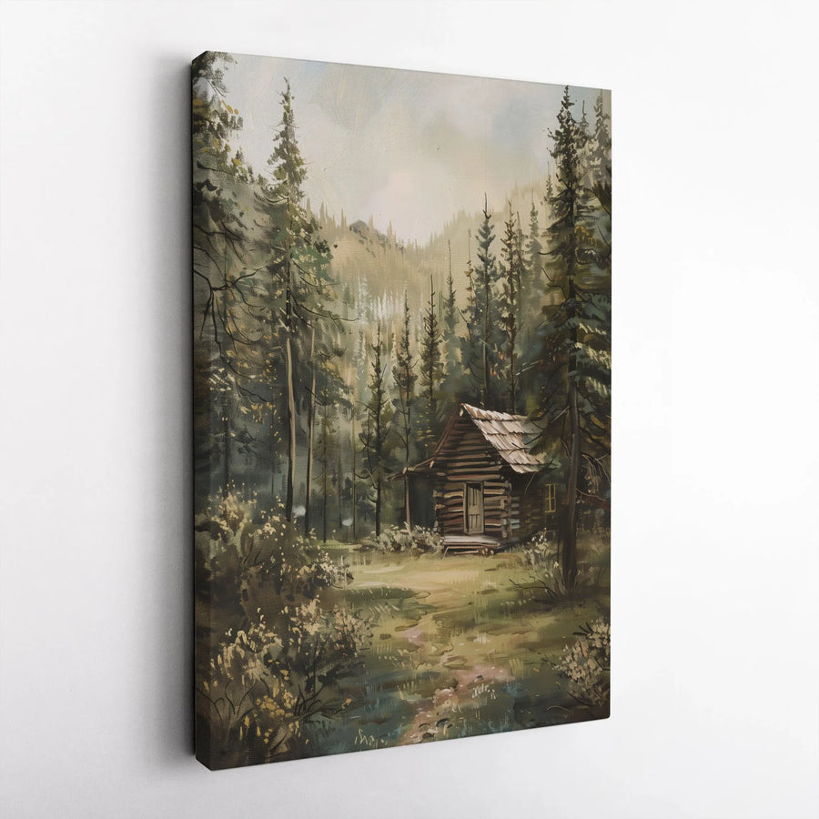 Log Cabin Forest Vertical Canvas | Vintage Oil Painting Style | Thick 1.25" Gallery Wrap | Rustic Home Decor & Nature Lover Gift