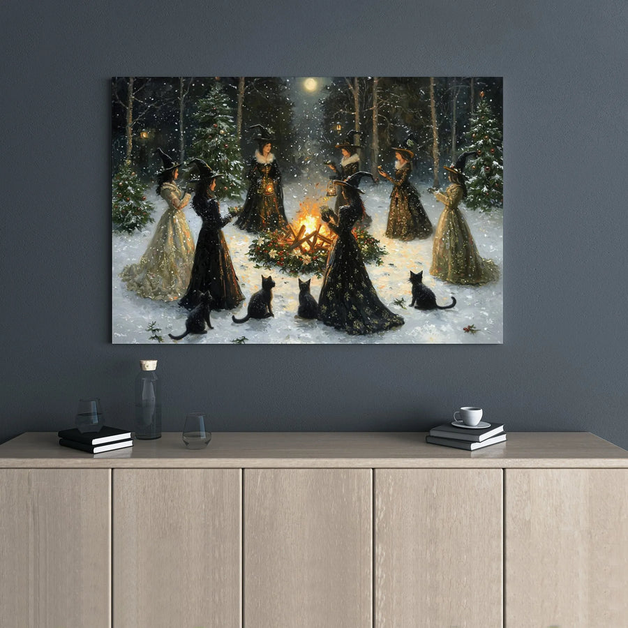 Witches Coven Yule Canvas Print | Magical Snowy Forest Bonfire Art | Premium Gallery Wrapped Decor | Pagan Holiday Gift for Witchy Aesthetic Home