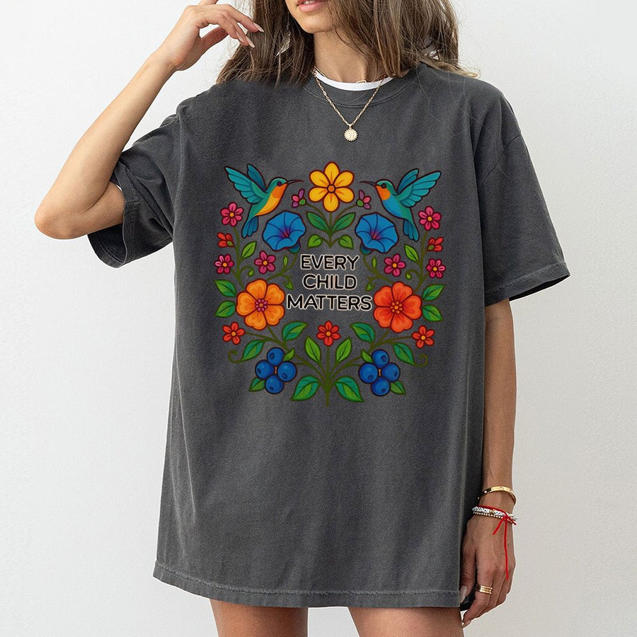 Every Child Matters T-Shirt | Floral Hummingbird Indigenous Art Design | 100% Cotton Premium Tee | Awareness Gift for Men and Women