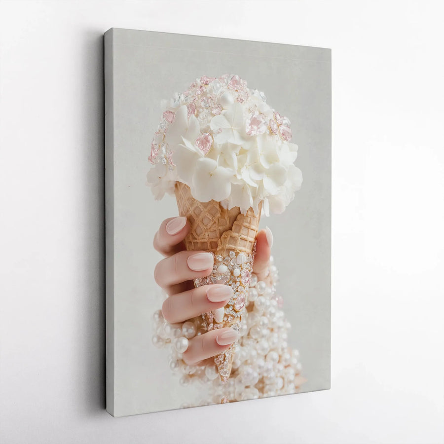 Floral Ice Cream Cone Canvas Print | Jeweled Hydrangea & Pearl Design | Premium Gallery Wrapped Canvas | Chic Salon Wall Decor Gift for Her