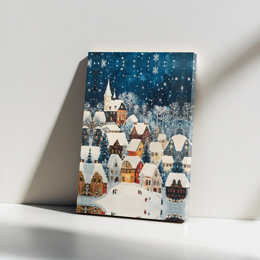 Christmas Village Canvas Wall Art | Snowy Winter Night Town Scene | Premium Gallery Wrap Decor | Festive Holiday Home Gift