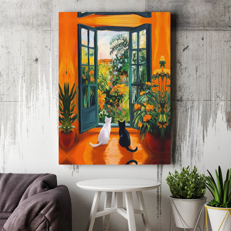 Two Cats Garden Canvas Art | Whimsical Window View Wall Decor | Premium 1.25 Inch Gallery Wrap | Unique Cat Lover Home Gift