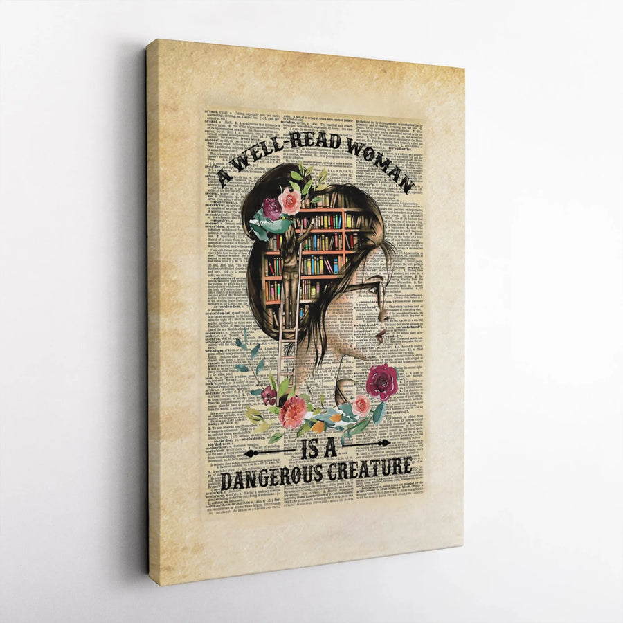 Well Read Woman Is A Dangerous Creature Canvas | Vintage Dictionary Book Art Print | Premium Gallery Wrap Decor | Literary Gift For Readers