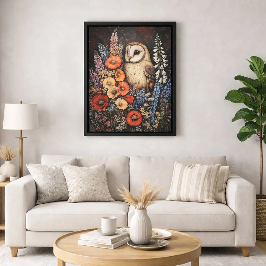 Barn Owl Canvas Wall Art | Whimsical Wildflower and Poppy Meadow Print | Premium 1.25" Gallery Wrap | Nature Lover Home Decor Gift