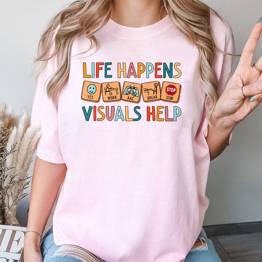 Life Happens Visuals Help T-Shirt | AAC Awareness Graphic Tee | 100% Cotton Premium Quality | Neurodiversity Advocate Gift for Teachers