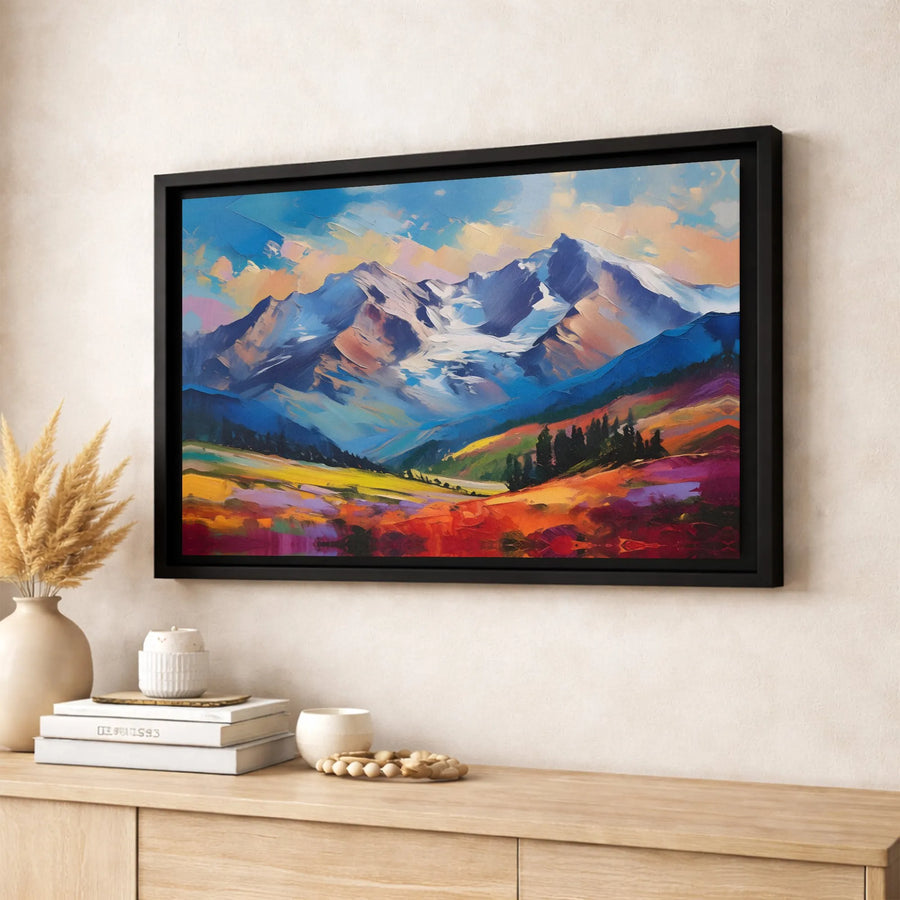 Mountain Landscape Canvas Wall Art | Vibrant Impasto Style Oil Painting | Premium Gallery Wrapped Print | Modern Living Room Home Decor Gift