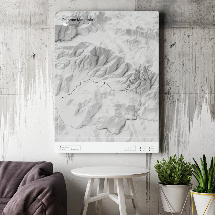 Palomar Mountain Map Canvas Print | Minimalist Topographic Trail Art | Premium Gallery Style Wall Decor | Collector's Gift for Cyclist or Hiker