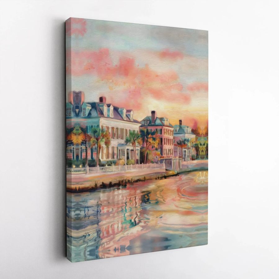 Charleston South Carolina Waterfront Canvas | Impressionist Sunset Harbor Cityscape | 1.25 Inch Gallery Wrap | Premium Coastal Home Office Decor