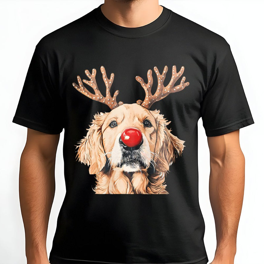 Christmas Golden Retriever T-Shirt | Reindeer Antlers & Red Nose Graphic | Premium Soft Cotton | Dog Mom Holiday Gift for Animal Lovers