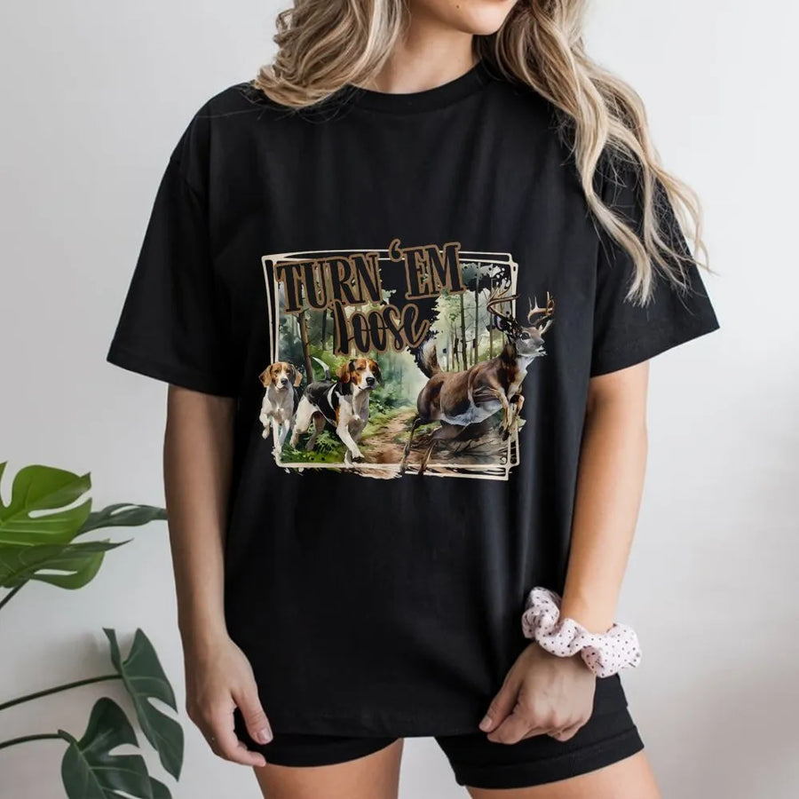 Turn Em Loose Deer Hunting T-Shirt | Beagle Dog and Buck Chase Graphic | Premium Cotton Graphic Tee | Gift for Hunter Outdoor Enthusiast