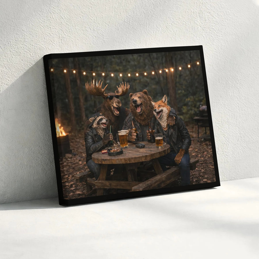 Funny Animal Wall Art | Biker Moose, Bear, Fox & Raccoon Drinking Beer | Premium Canvas Print | Man Cave & Cabin Decor Gift for Him