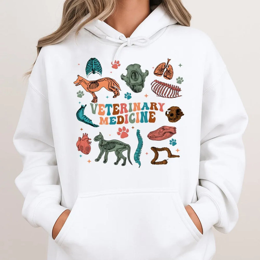 Veterinary Medicine Anatomy Hoodie | Retro Animal Skeleton Graphic | Soft Cotton-Blend Premium Apparel | Perfect Gift for Vet Techs, Students, and Veterinarians