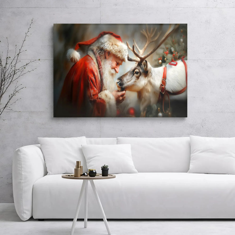 Santa Claus and Reindeer Canvas Wall Art | Cozy Christmas Holiday Scene | Gallery Wrap Premium Print | Festive Home Decor Gift