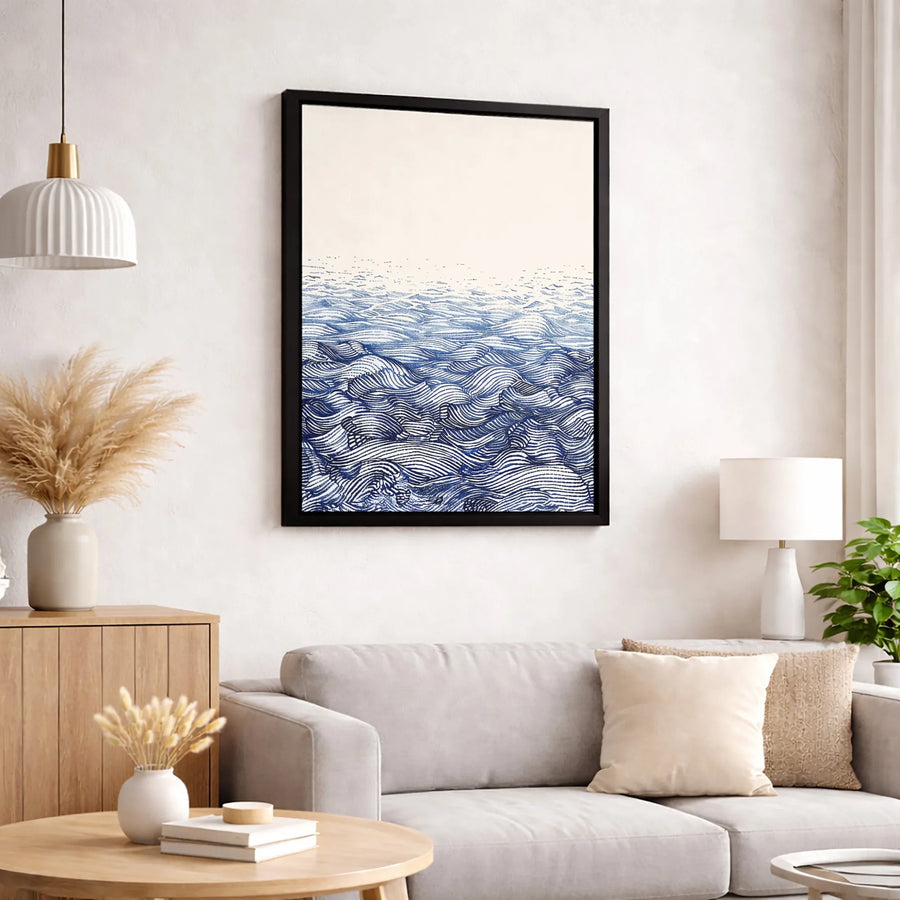 Japanese Ocean Waves Canvas Wall Art | Minimalist Blue Sea Print | 1.25-Inch Gallery Wrap | Modern Home Decor for Living Room