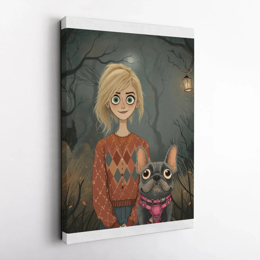 French Bulldog and Girl Canvas Wall Art | Whimsical Gothic Forest Illustration | Premium 1.25" Gallery Wrap | Unique Gift for Dog Lover Home Decor