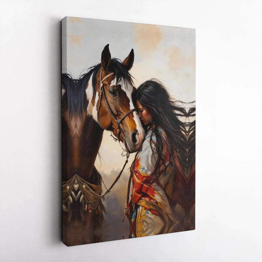 Native American Woman And Horse Canvas Art | Western Boho Wall Decor | Premium Gallery Wrap Print | Southwestern Cultural Gift For Home