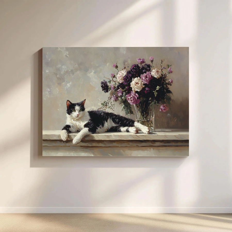 Tuxedo Cat Oil Painting Print | Floral Rose Bouquet Wall Art | Premium Gallery-Wrapped Canvas | Elegant Home Decor Gift for Cat Lovers
