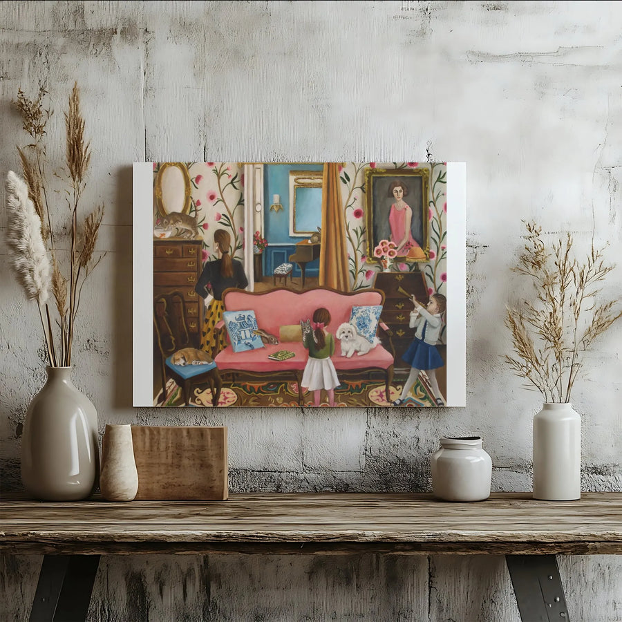 Whimsical Family Portrait Canvas Print | Eclectic Domestic Scene Painting | Premium 1.25" Gallery Wrap Wall Art | Maximalist Home Decor Gift