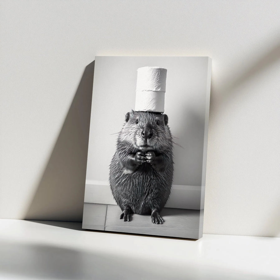Funny Beaver Canvas Print | Beaver with Toilet Paper Roll Art | Premium Gallery Wrap Canvas | Modern Bathroom Decor Gift