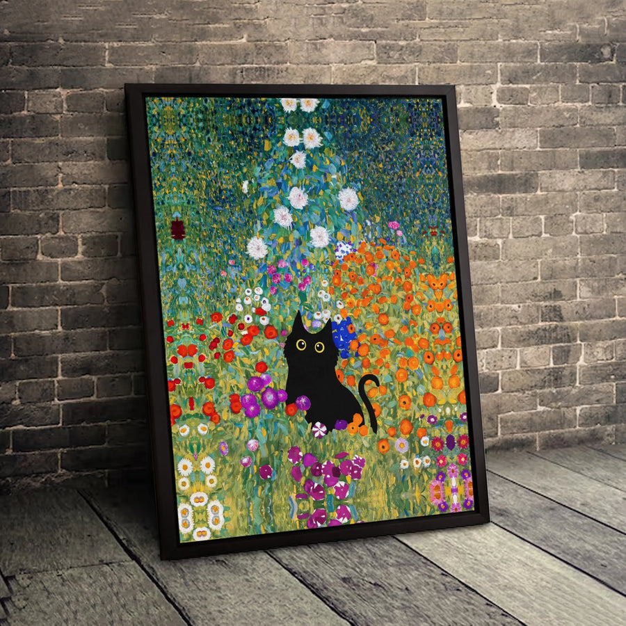 Black Cat Canvas Print | Gustav Klimt Inspired Flower Garden Art | Premium Fade-Resistant Wall Decor | Unique Gift For Cat Lovers