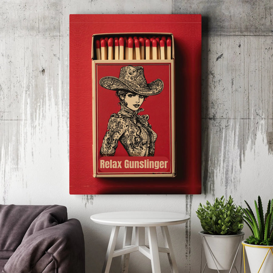 Relax Gunslinger Cowgirl Canvas Print | Vintage Matchbox Poster Art | Premium 1.25" Gallery Wrap | Western Home Decor Gift