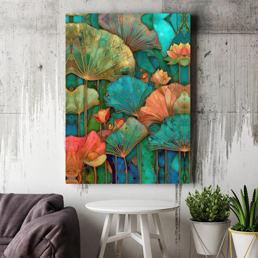 Art Nouveau Lotus Canvas Print | Stained Glass Style Botanical Art | Thick Gallery Wrapped Canvas | Modern Zen Wall Decor Gift