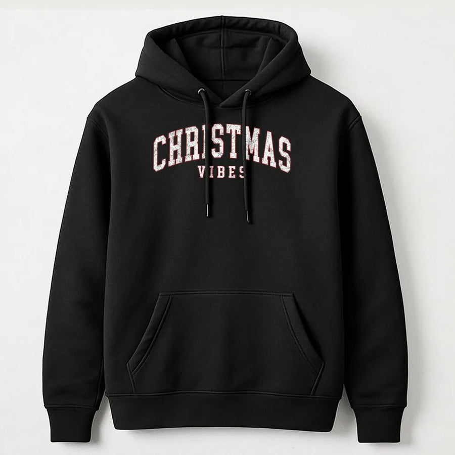 Christmas Vibes Hoodie | Retro Varsity Text Graphic | Premium Cotton Blend | Unisex Holiday Gift for Men and Women