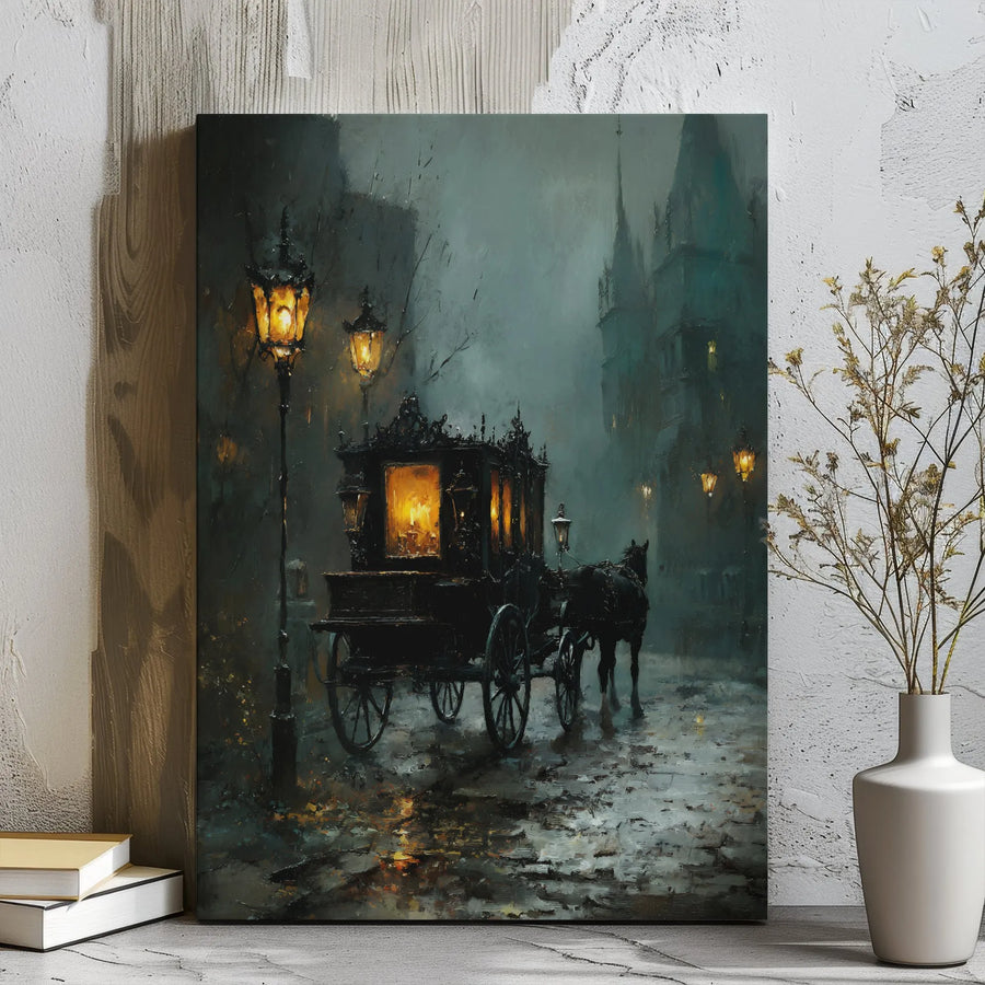 Victorian Horse-Drawn Carriage Canvas Print | Rainy Night Gothic Street Wall Art | Premium Gallery-Wrapped Decor | Moody Aesthetic Gift for Home