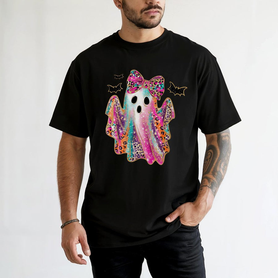 Cute Ghost T-Shirt | Rainbow Leopard Bow Halloween Graphic | 100% Cotton Premium Tee | Spooky Season Gift For Women