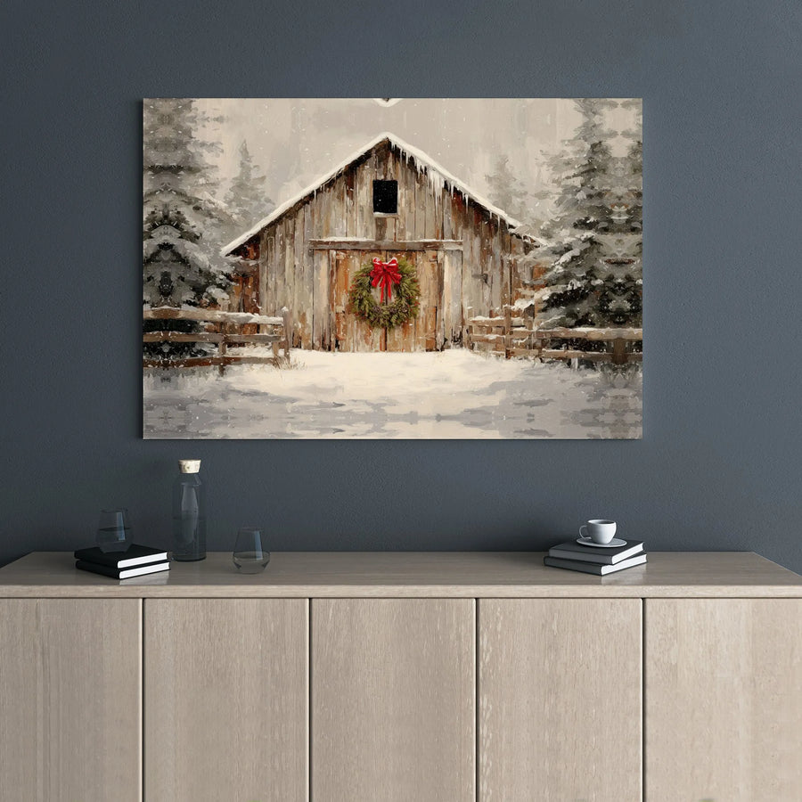 Rustic Snowy Barn Canvas Print | Christmas Wreath Winter Landscape | Premium Gallery Wrap Wall Art | Seasonal Farmhouse Holiday Decor