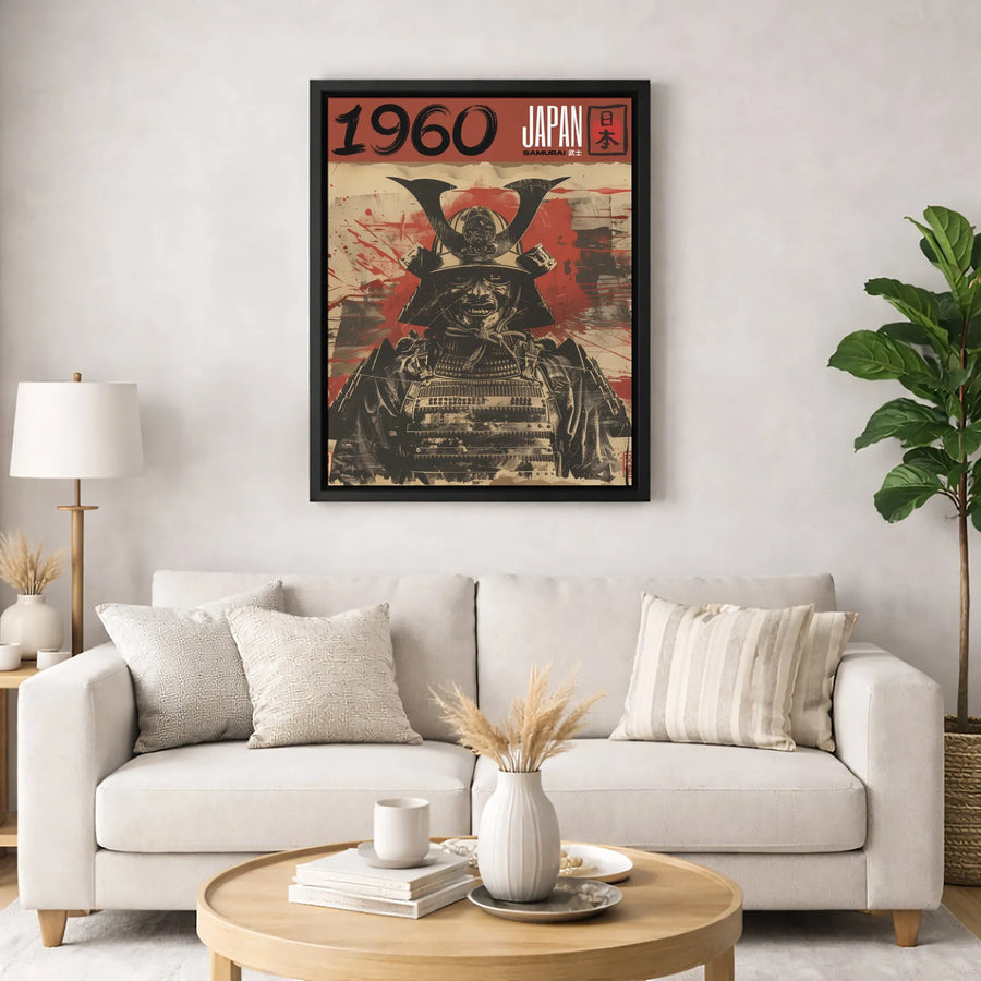 Japanese Samurai Warrior Canvas | 1960 Retro Graphic Art Print | Premium 1.25 Inch Gallery Wrap | Unique Home Office Decor Gift for Him