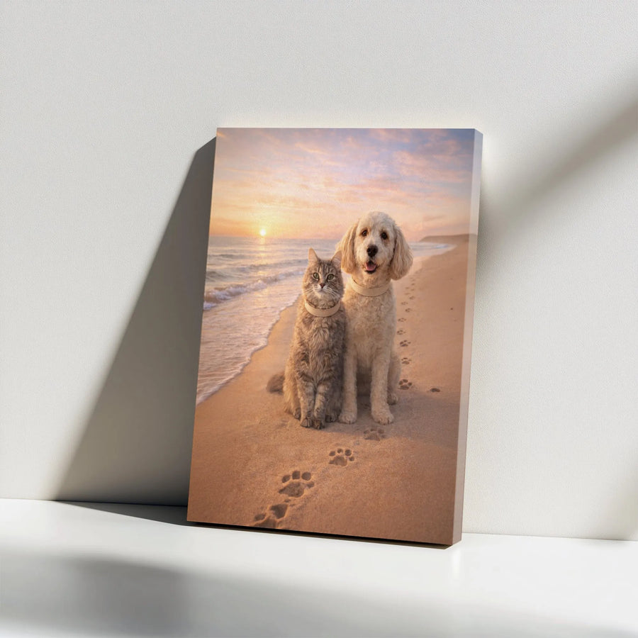 Cat and Dog Canvas Wall Art | Unlikely Friends at Sunset Beach Scene | Premium Gallery Wrapped Canvas | Heartwarming Gift for Pet Lovers & Vet Office Decor