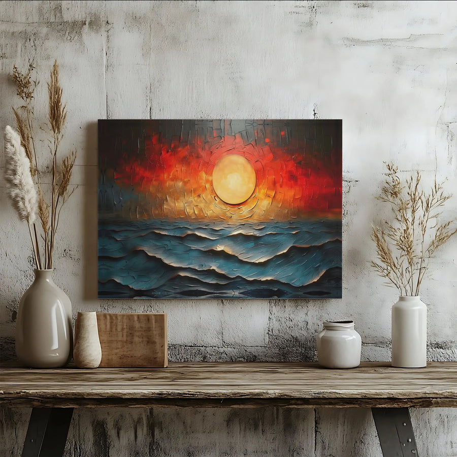Abstract Ocean Sunset Canvas Wall Art | Textured Impasto Seascape Print | Premium Gallery-Wrapped Decor | Modern Coastal Home Gift