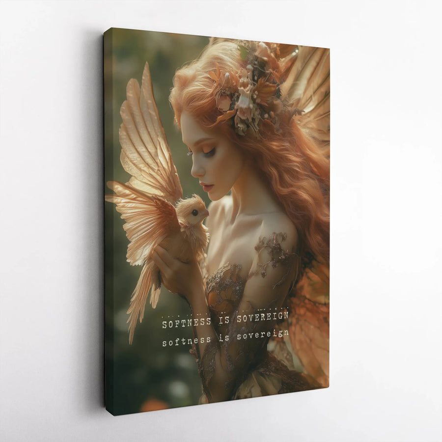 Ethereal Fairy Canvas Art | Softness Is Sovereign Inspirational Quote | Premium Gallery Wrapped Print | Whimsical Fantasy Wall Decor for Bedroom