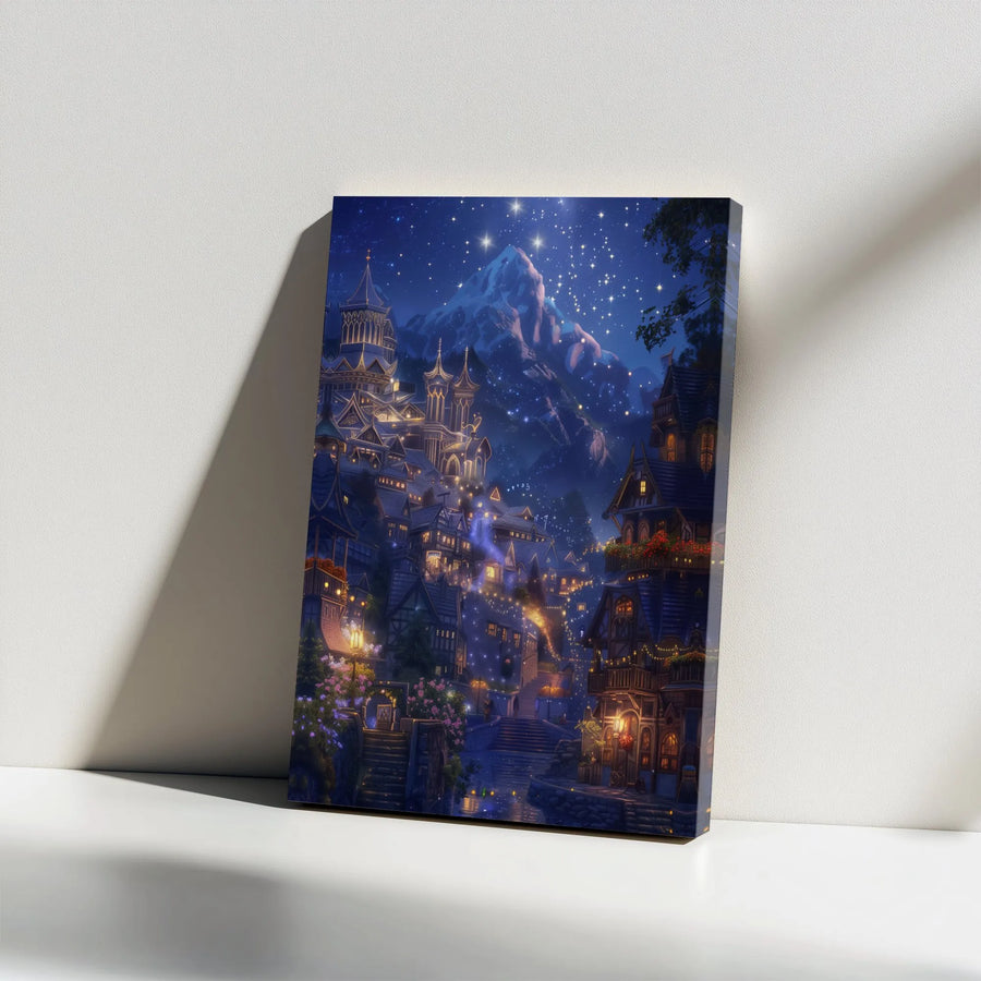 Fantasy Elven City Canvas | Enchanted Mountain Village Wall Art | Premium 1.25" Gallery Wrap | Magical Night Sky Decor For Fantasy Fans